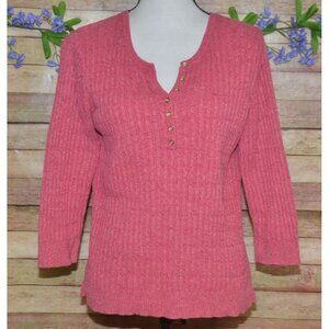 Karen Scott Ladies M Pink 3/4 Sleeve V-Neck Pullover Sweater 100% Cotton Ribbed